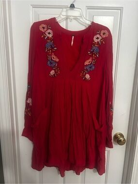 pink free people Embroidered boho Peasant flowy dress